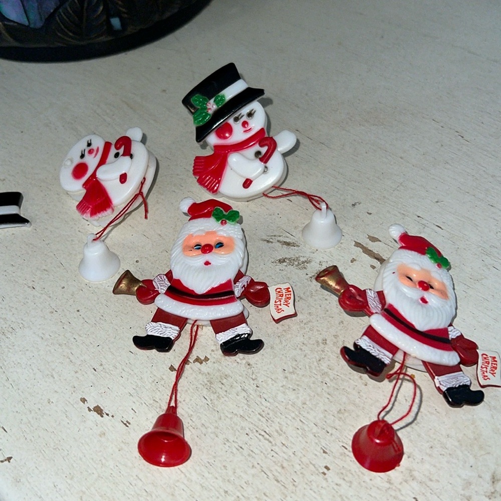 Lot MCM Hong Kong articulated movable Santa & Snowman pin brooch